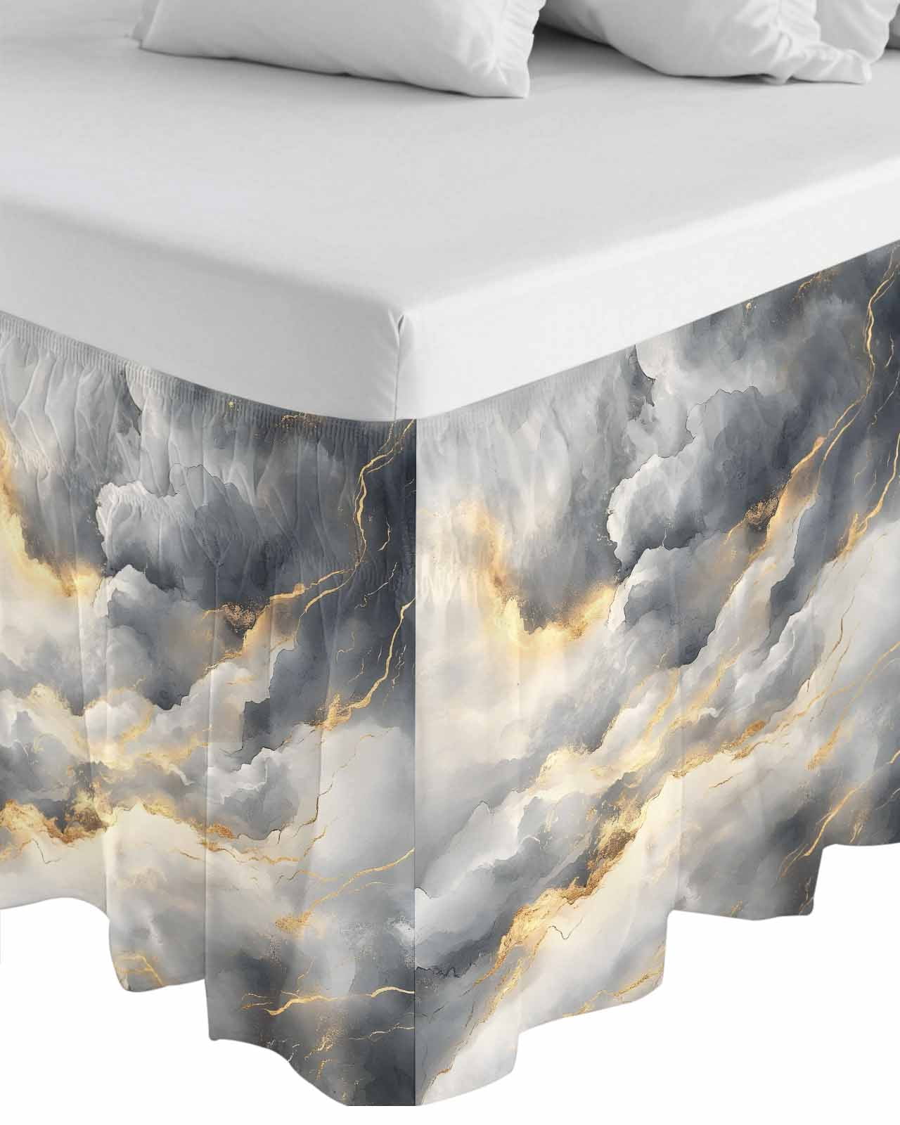 Grey Marble Wrap Around Bed Skirts for Queen Bed 16" Drop,Bed Skirt with Adjustable Elastic Belt Dust Ruffle Bed Valance for Bedroom Hotel Modern Abstract Ink Painted Aesthetics Bed Frame Cover