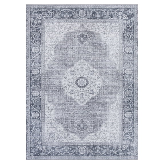 Grey Medallion Skid-Resistant Area Rug, 5' x 7'