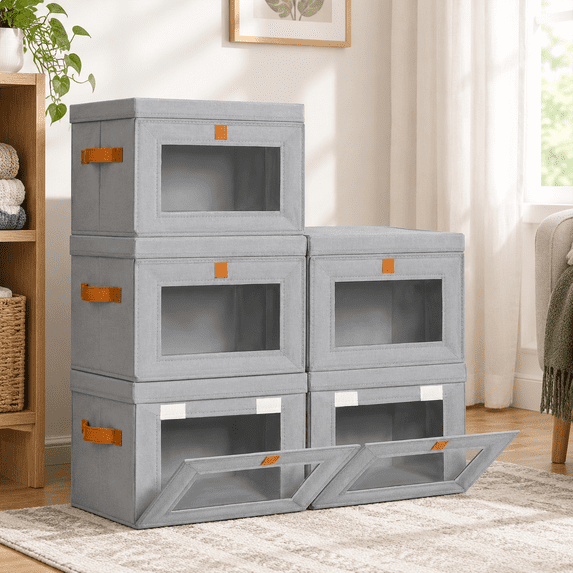 Grey Medium - 5 Pack Fabric Storage Boxes, Collapsible Stackable ...