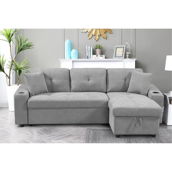 Grey Mega Convertible With Armrest Storage. Living Room And Apartment Style. Right Chaise Longue. Modern Pull Point, 2 Bolster. Freely Switchable Corners Storage Box. Out Bed. Double Cup Holder