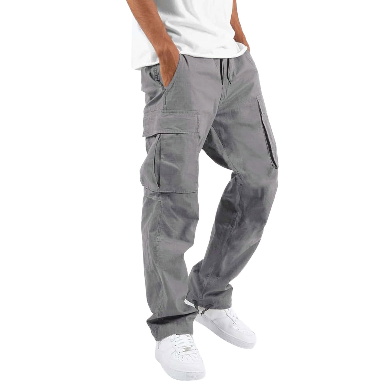 Grey Men Cargo Pants Mens Street Casual Sports Multi Pocket Foot