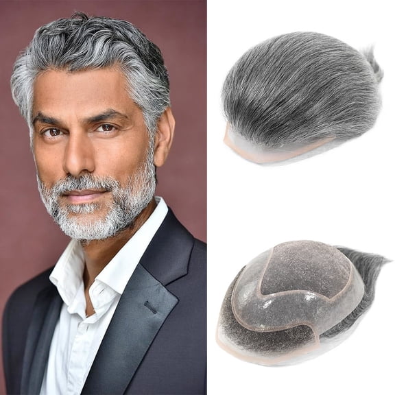 Grey Men's Toupee Hair Replacement System Human Hair Pieces 1B Off Black with 60% Synthetic Grey Hair Mono PU Breathable Lace Front Male Wig Hair Patch