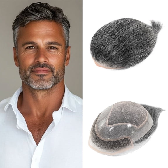 Grey Men's Toupee Hair Replacement System Human Hair Pieces Back Style Mono PU Breathable Lace Front Male Wig Hair Patch