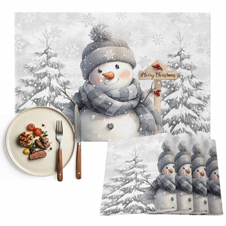 Grey Merry Christmas Snowman Placemats Set of 6, Xmas Tree Winter Snowscape Table Mats Washable Heat-Insulation Non-Slip Place Mats for Kitchen Dinner Table Indoor Outdoor Decor,13x19 Inch