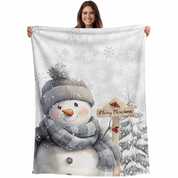 Grey Merry Christmas Snowman Throw Blankets, Xmas Tree Winter Snowscape Soft Fleece Blanket Decorative for Home Sofa Couch Chair Living Bedroom, 30x40 Inches,