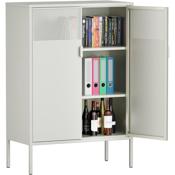 Grey Metal Cabinet,Metal Locker Storage Cabinet with Doors and Shelves,47.2” Large Space Metal Shelf Cabinet with Leg for Home Office,Living Room,Garage