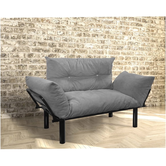 Grey Metal Futon Loveseat with Arms, Compact Space Saving Couch for Small Living Room and Bedroom