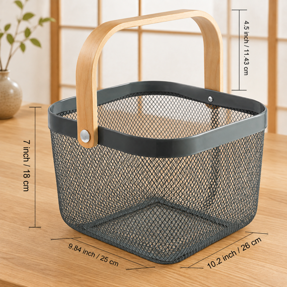Grey Metal Steel Multi-Functional Hanging Storage Basket with Wooden Handle