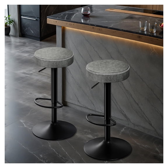 Grey Microfiber Bar Stools Set Of 2 Round Swivel Adjustable Height Backless Counter Stools