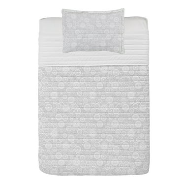 Grey Microfiber Bedspread Set, Different Sized Circles and Rounds Simple Geometric Style Graphic Print Shabby Home, Soft Bedding Set with Pillow Shams & Comforter, 3 Sizes, Grey White, by Ambesonne