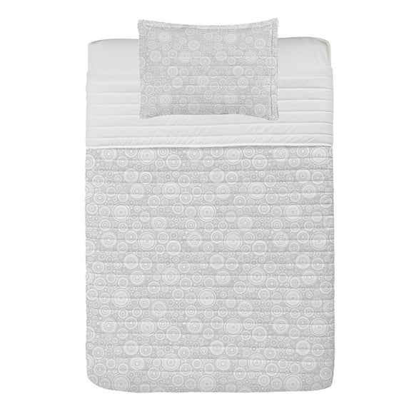 Grey Microfiber Bedspread Set, Different Sized Circles and Rounds Simple Geometric Style Graphic Print Shabby Home, Soft Bedding Set with Pillow Shams & Comforter, 3 Sizes, Grey White, by Ambesonne