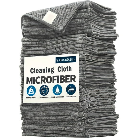 Grey Microfiber Cleaning Cloth,9.8"X9.8" Cleaning Rags for Housekeeping and Kitchen, Reusable Shop Towels, Microfiber Towels for Cars, Lint Free, Scratch-Free, Highly Absorbent
