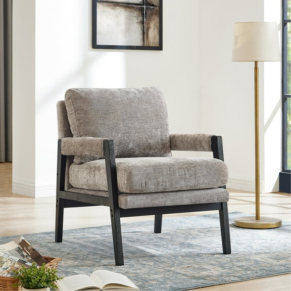 Grey Mid-century Modern Chenille Armchair - Solid Wood Frame, Removable , Seating, Enchanting In Construction, Back Support, Soft Seat