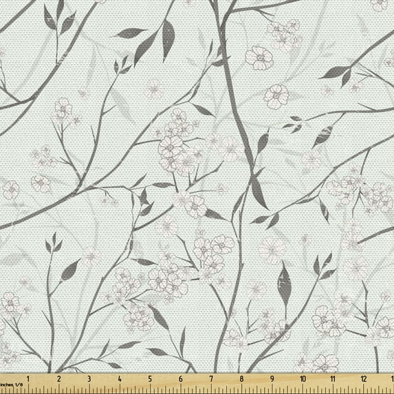 Grey and Mint Fabric by the Yard, Rustic Branches White Buds Purity of Untouched Nature Theme, Decorative Upholstery Fabric for Chairs & Home Accents, 5 Yards, Pale Mint Green White by Ambesonne