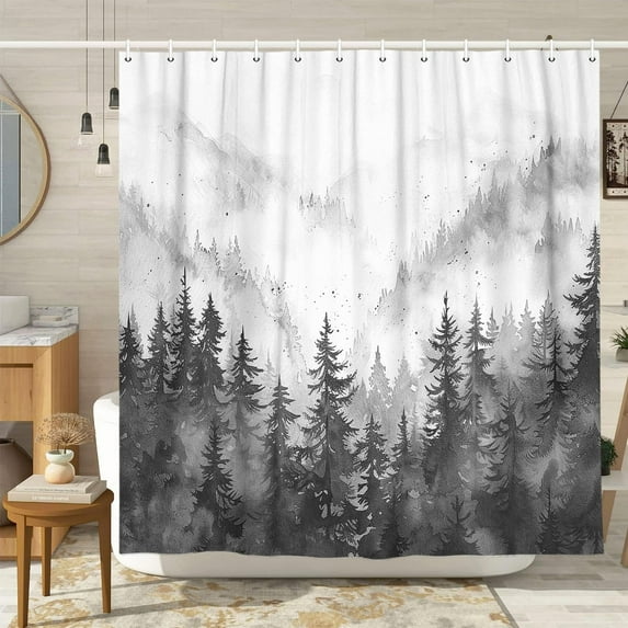Grey Misty Forest Shower Curtain Nature Scene Shower Curtains for Bathroom with Mountains Trees, Cloth Fabric Bathroom Decor Set with Hooks Rustic Cabin Woodland Shower Curtain 72 X 72in Ombre Grey