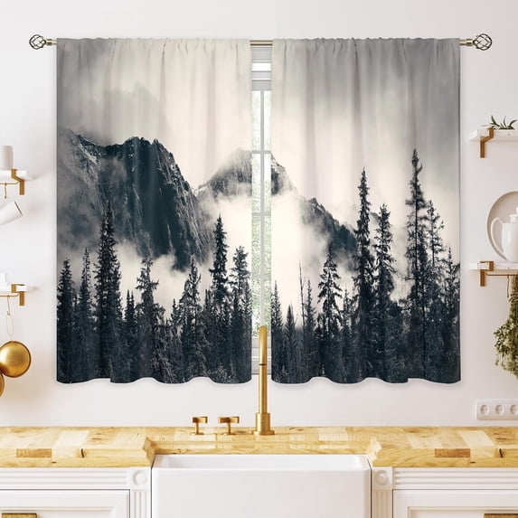 Grey Misty Forest Small Kitchen Curtains Nature Tree Mountain Woodland Window Treatment Winter Cafe Short Window Curtains for Bathroom Dining Laundry Room Tier Treatment Drapes 27.5x39 inch