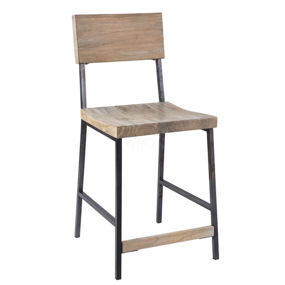 Grey Modern Counter Stool with Wood Seat and Backrest, Matte Black Metal Frame for Kitchen Island, Dining or Bar