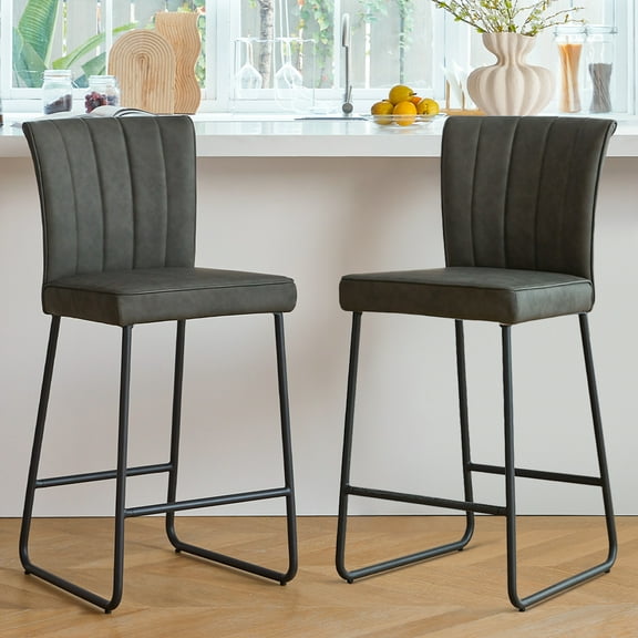 Grey Modern Faux Leather Bar Stools Set of 2, 27 Inch Upholstered Counter Height Bar Stools, Counter Stools with Classic Vertical Stripe Backrest