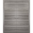 thumbnail image 1 of Grey Modern French Doors 60 x 80 with Moldings | Planum 0020 Ginger Ash | Frame Trims Lever Satin Nickel Hardware | Closet Solid Core Pre-hung Door, 1 of 7