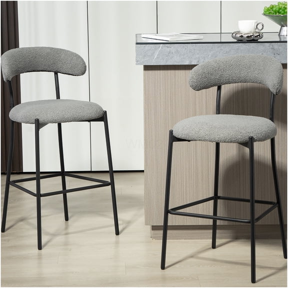 Grey Modern Kitchen Island Bar Stool with Plush Teddy Fabric and Footrest