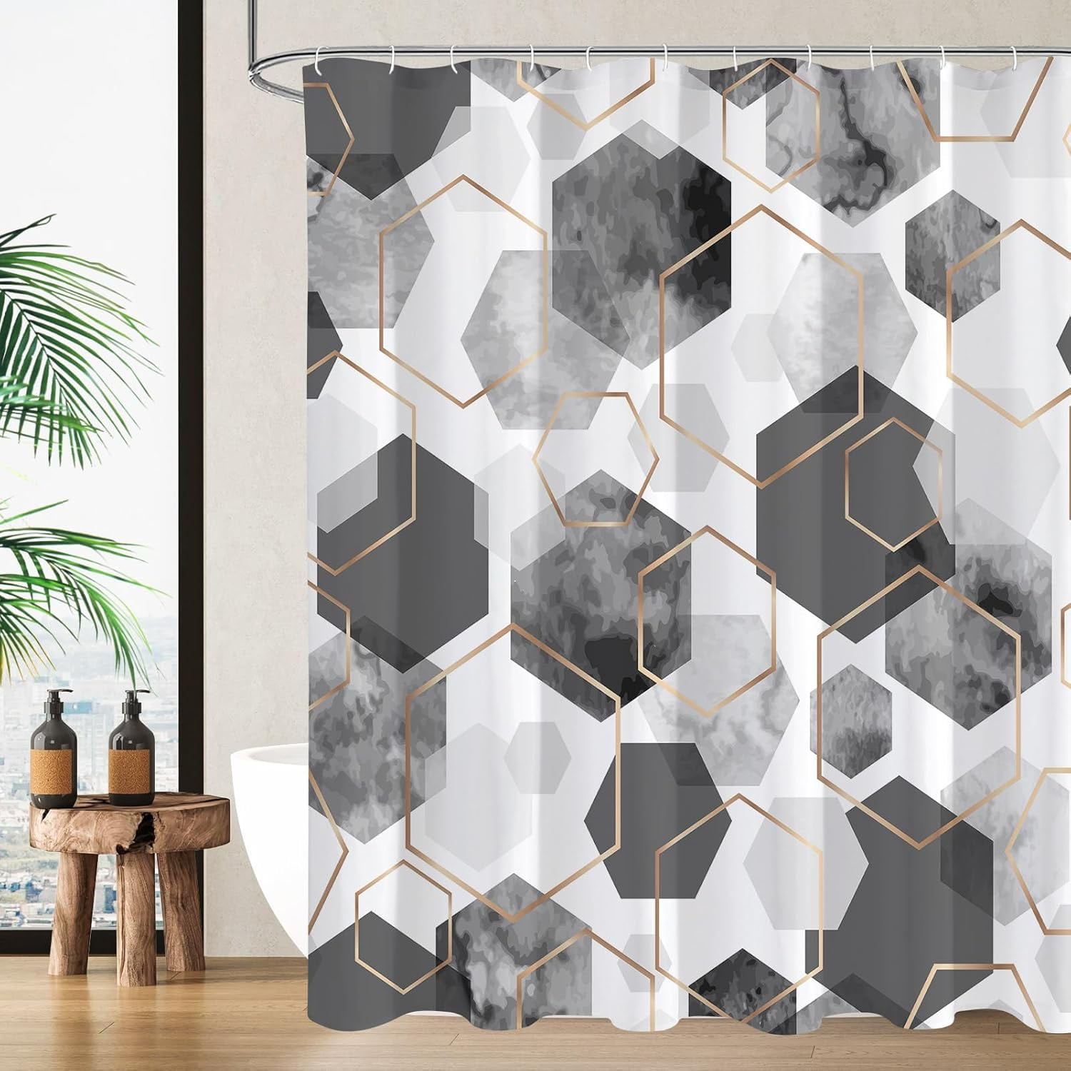 Gray Geometric Art Deco Waterproof Shower Curtain with Liner