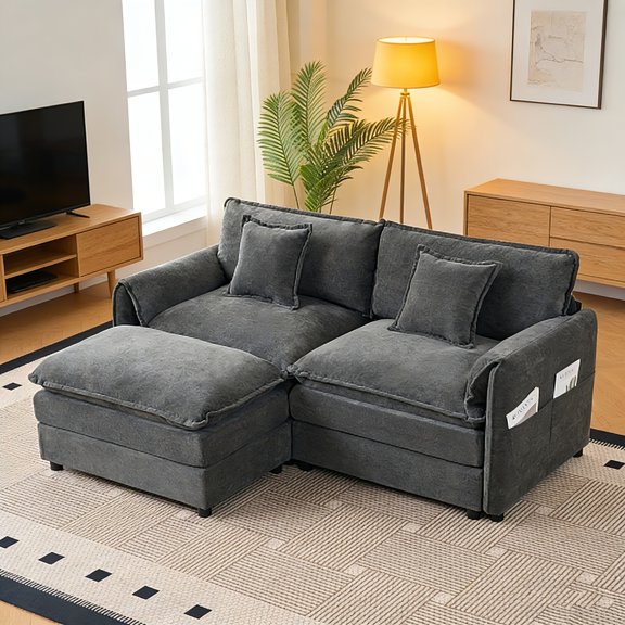 Grey Modular L-Shaped Sectional Sofa with Ottoman, Chenille Upholstered Cloud Couch with Deep Seats, Configurable for Living Room Apartment Office