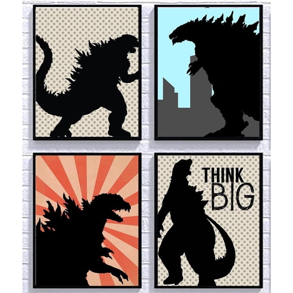 Grey Monster Dragon Comic Type Themed Room Wall Art Print Sign Picture Set