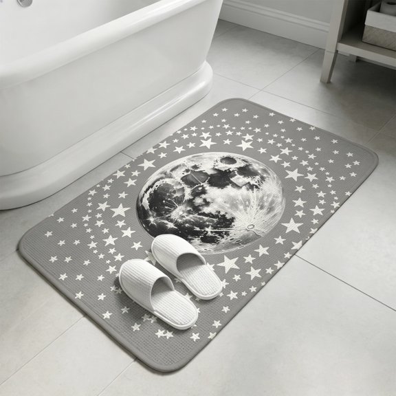 Grey Moon Bathroom Rugs Non Slip Washable Bath Mat Absorbent Low Pile Front Door Mat Modern Abstract Minimalist Stars Artwork Indoor Doormat for Kitchen Entryway Shower Decor Accessories 15.7"x23.6"