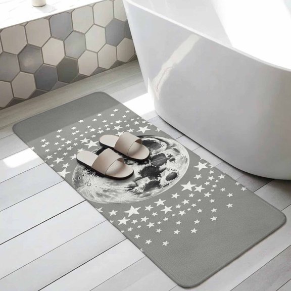 Grey Moon Bathroom Runner Rugs Non Slip Washable Absorbent Narrow Long Bath Mat Modern Abstract Minimalist Stars Artwork Runner Rugs for Kitchen Hallway Bedroom Laundry Study Room 19.7"x63"