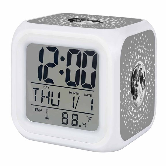 Grey Moon Digital Alarm Clock for Bedrooms, Smart LED Alarm Clock with 7 Color Changing Night Light, Modern Abstract Minimalist Stars Artwork Silent Wake Up Clocks for Sleep Study Cooking 3.2"x3.2"