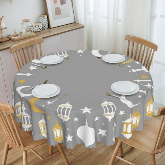 Grey Moon & Star Ramadan Round Tablecloth Waterproof Oil-Proof Plastic Table Cloth Stain-Resistant Wipeable 60" for Camping, Dining, Indoor and Outdoor