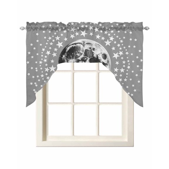 Grey Moon Swag Curtains for Kitchen Modern Abstract Minimalist Stars Artwork Valances for Windows Rod Pocket Small Window Treatment Short Topper for Cafe Bedroom Bathroom Living Room Decor 56x36 Inch