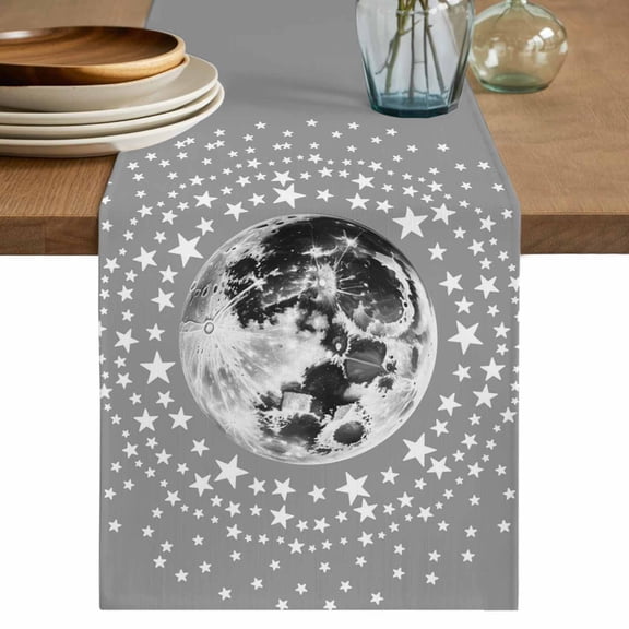 Grey Moon Table Runner 72 Inches Long,Modern Abstract Minimalist Stars Artwork Cotton Linen Table Runners Dresser Scarves,Fabric Tabletop Scarf Furniture Cover for Home Dinner Party 13"x72"