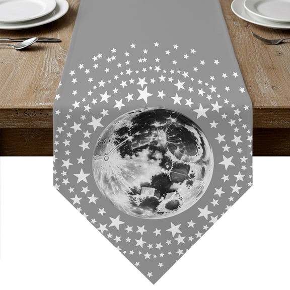 Grey Moon Table Runner Linen Burlap Table Runner 72 Inches Long Modern Abstract Minimalist Stars Artwork Dresser Scarves for Kitchen Island Coffee Dining Room Party Wedding Holiday Decor 16"x72"