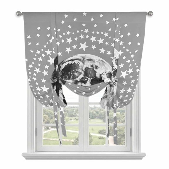 Grey Moon Tie Up Curtains for Windows 63 Inch Length Balloon Curtains Kitchen Adjustable Balloon Window Shade Modern Abstract Minimalist Stars Artwork Tie Up Valance Bathroom Curtain Window 52"x63"