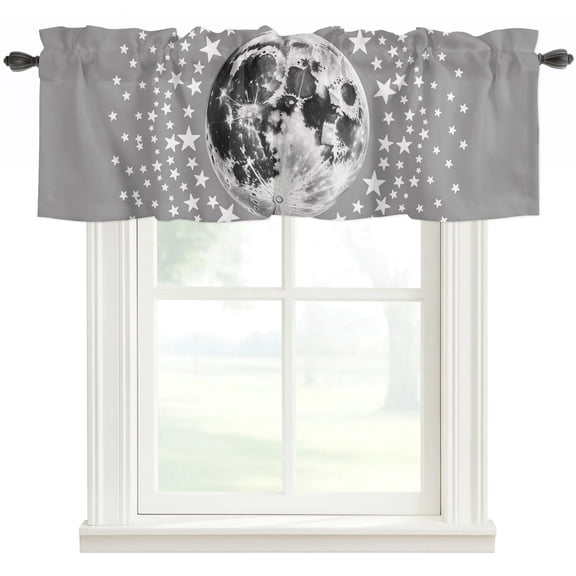 Grey Moon Valances for Windows Farmhouse Kitchen Curtains Valances Rod Pocket Valance Curtains for Windows Modern Abstract Minimalist Stars Artwork Window Valances for Bathroom Bedroom 42"x12"