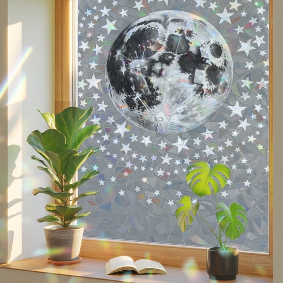Grey Moon Window Privacy Film Rainbow Static Cling Stain Glass Window Film for Glass Door, Decorative UV Blocking Sunroof Decal Sticker for Car 17.7"x78.7" Modern Abstract Minimalist Stars Artwork