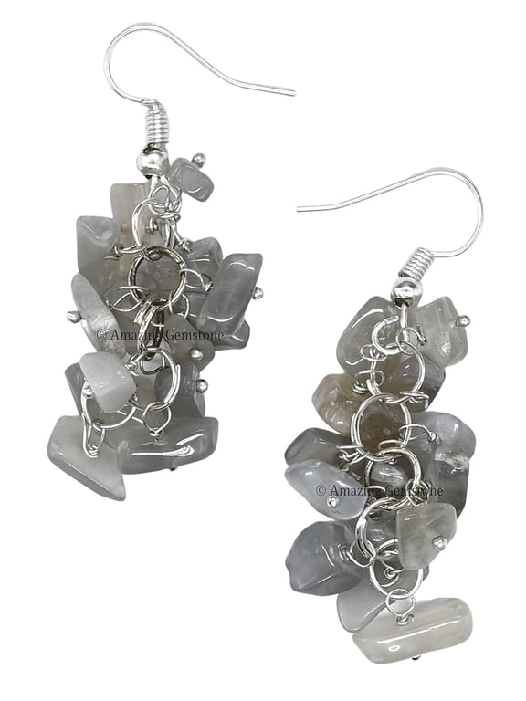 Grey Moonstone Crystal Earrings for Women and Teen Girls (Silver)