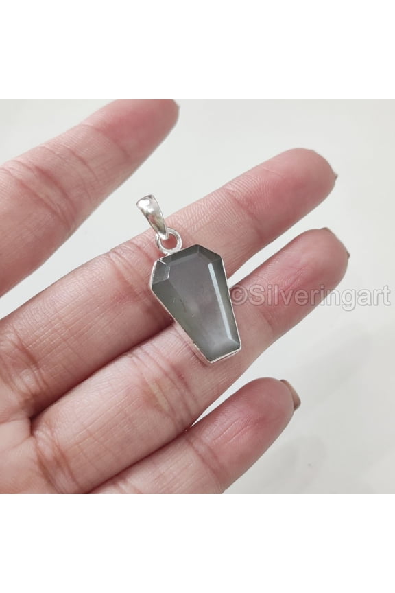 Grey Moonstone Pendant, Natural Grey Moonstone Pendant, June Birthstone, Womens Pendant Necklace, 925 Sterling Silver, Christmas, Thanksgiving, Mens Pendant, Handmade Jewelry, Coffin Shape Pendant