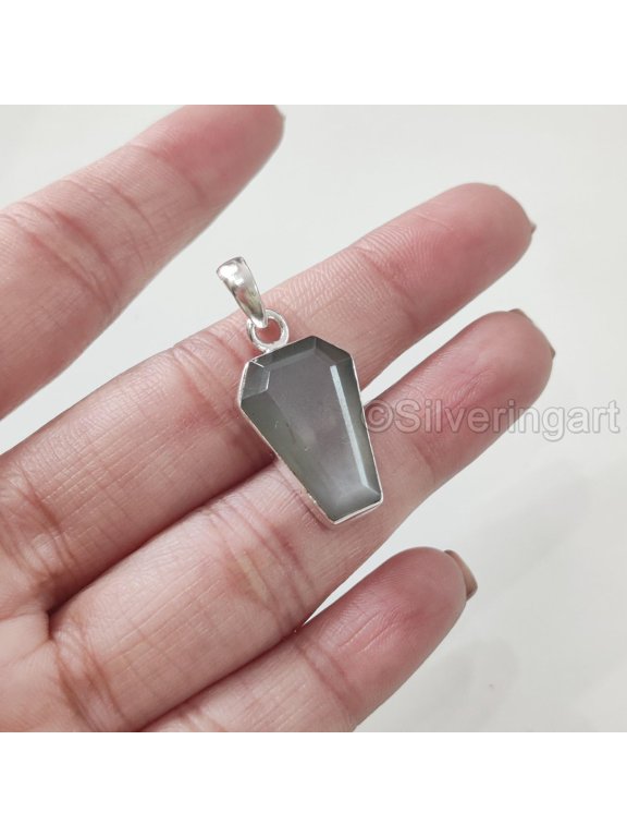 Grey Moonstone Pendant, Natural Grey Moonstone Pendant, June Birthstone, Womens Pendant Necklace, 925 Sterling Silver, Christmas, Thanksgiving, Mens Pendant, Handmade Jewelry, Coffin Shape Pendant