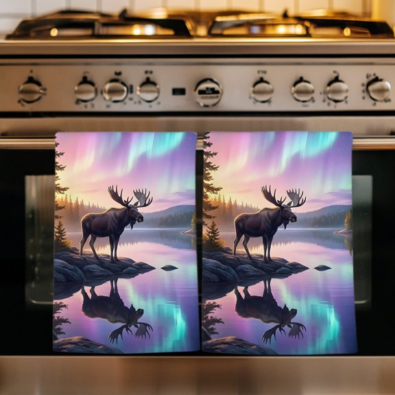 Grey Moose Kitchen Towels Set of 3, Forest Modern Art Teal Purple Sky Absorbent Dish Towels for Kitchen, Microfiber Hand Towel, Quick Drying Tea Towel for Cleaning Decorative Dishcloths