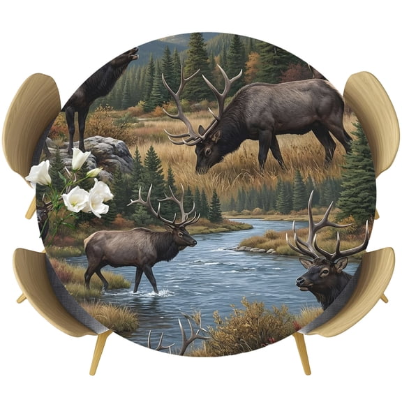 Grey Moose Round Tablecloth 36-44 Inch Round Fitted Table Cloth with Elastic Edge, Forest Mountain Modern Art Animals Waterproof Table Cover Protector for Outdoor Picnic Party Dining