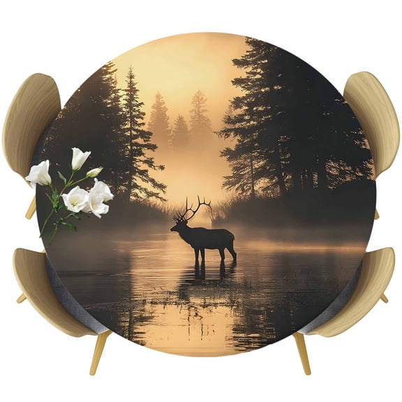 Grey Moose Vintage Round Tablecloth 36-44 Inch Round Fitted Table Cloth with Elastic Edge, Retro Forest Animals Silhouettes Waterproof Table Cover Protector for Outdoor Picnic Party Dining
