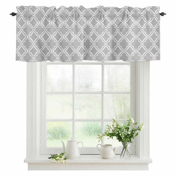 Grey Moroccan Texture Valances for Windows, Rod Pocket Kitchen Valance Curtains - Soft & Washable Small Window Treatment for Living Room, Bathroom, Classic Geometric Art 54x18inch, 1 Panel