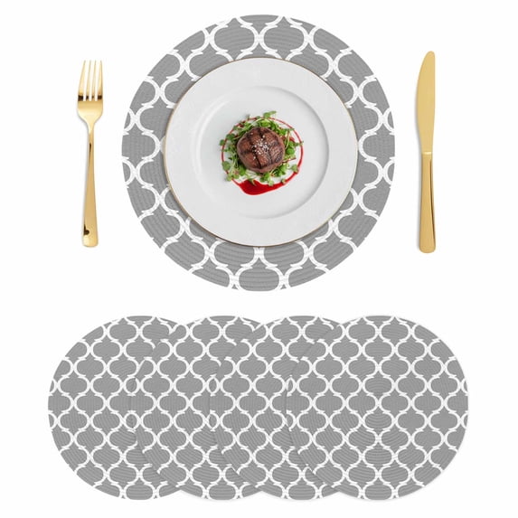 Grey Morocco Plaid, Round 15 Inch Placemats Set of 4, Abstract HeatResistant Non Slip Place Mats for Dining Table, Wipeable Braided Kitchen Table Mats for Housewarming