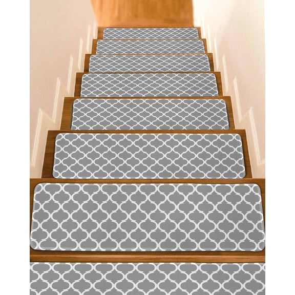 Grey Morocco Plaid, Stair Treads for Wooden Steps Indoor Runner Rug Carpet, Abstract 4 Pieces Peel and Stick Staircase Step Treads Covers Washable Throw Door Mats, 30"x8"