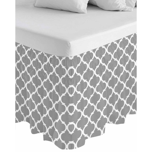 Grey Morocco Plaid, Wrap Around Bed Skirts for King Bed 18" Drop, Bed Skirt with Adjustable Elastic Belt Dust Ruffle Bed Valance for Bedroom Hotel Luxury Abstract Bed Frame Cover