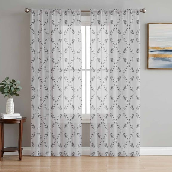 Grey Morocco Sheer Curtains 96 Inch Length 2 Panels Set, Abstract Geometric Leaf Diamond Lattice Voile Window Treatment Semi Sheer Long Curtains Drapes for Bedroom/Living Room/Kitchen 52"x96"x2