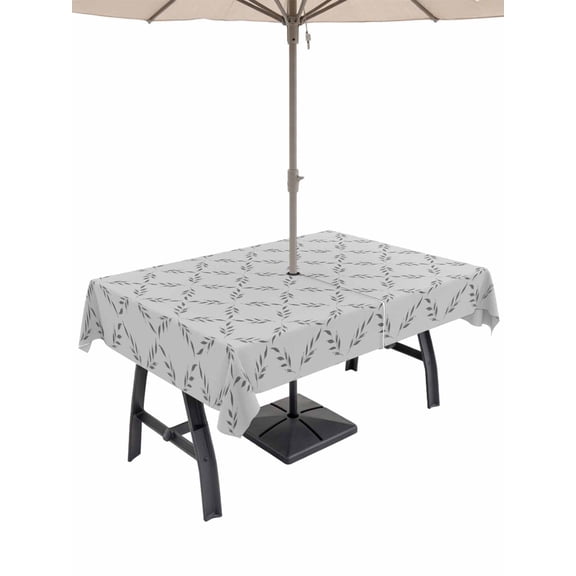 Grey Morocco Table Cloth Rectangle Outdoor Tablecloth, Abstract Geometric Leaf Diamond Lattice Waterproof Table Cover with Umbrella Hole and Zipper for Party/Dining/Patio/Wedding 60x120 Inch