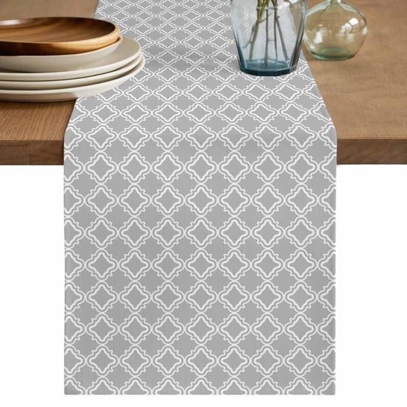 Grey Morocco Table Runner 108 Inches, Modern Abstract Classic Geometric Textured Bed Runner Dresser Scarves Tabletop for Indoor Outdoor Parties/Ceremony/Banquet, 13"x 108"